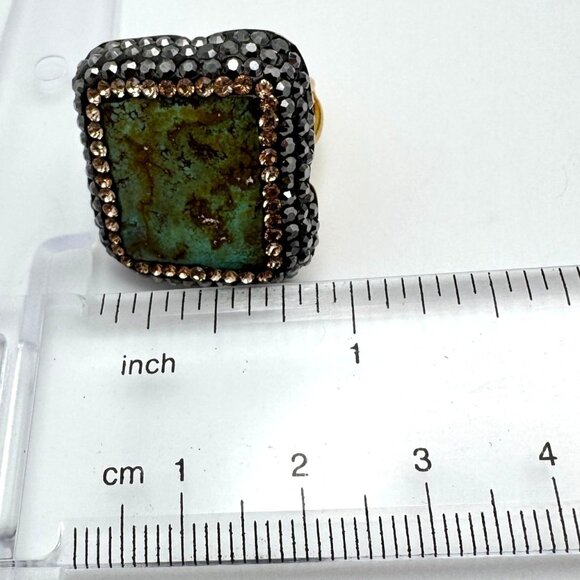 Turquoise Hematite Crystal 925 Silver Vermeil Statement Ring Size 7 Adjustable - Picture 4 of 11